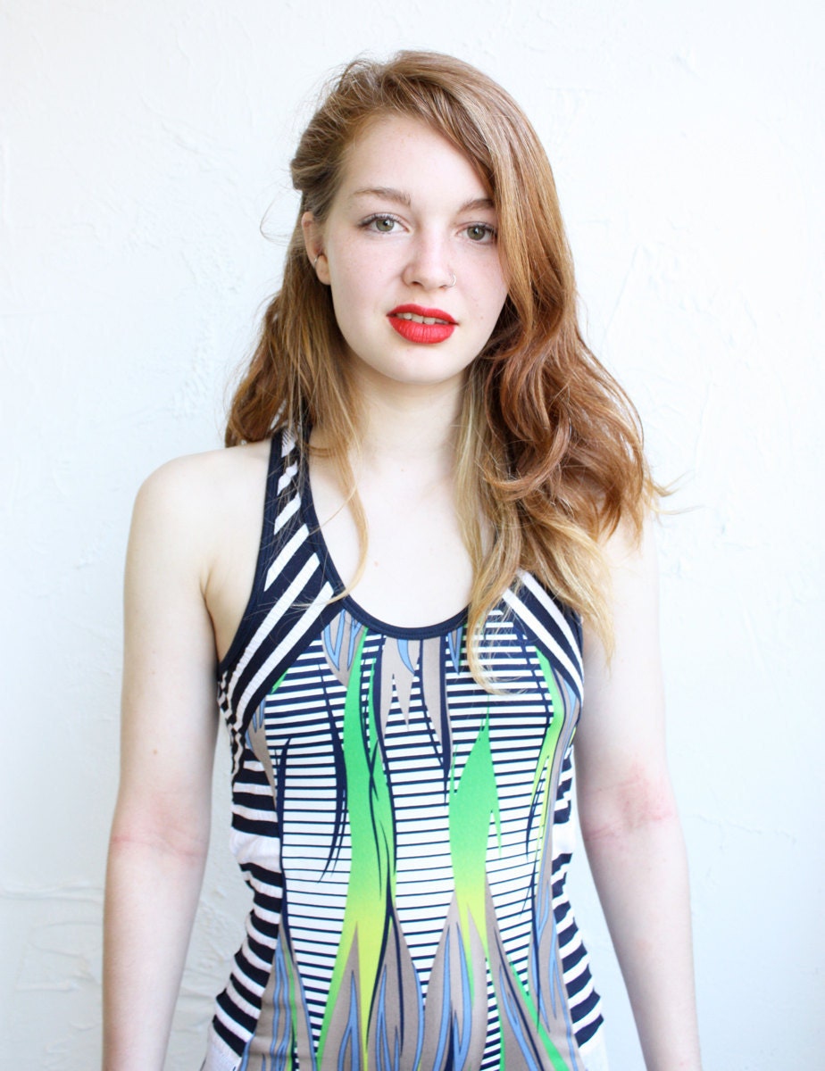 Racerback Tank Dress - Textured Striped Jersey and Vaporous Ether Pattern Silky Jersey