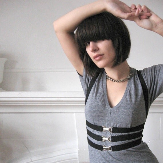 Elastic Harness -  Black with Gold OR Silver buckles - S/M