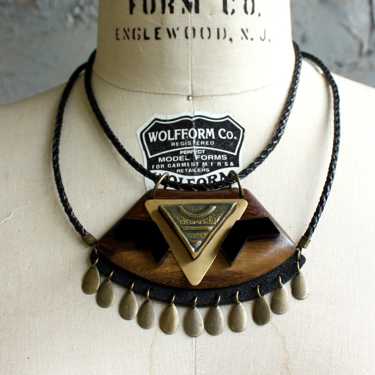 Wood, Ceramic, Brass and Acrylic "Warrior" Necklace