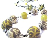 Repurposed Fabric Necklace Beaded Jewelry Yellow and Gray