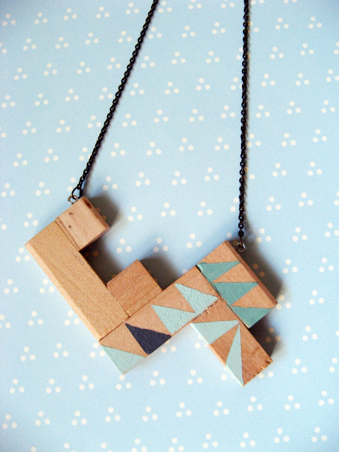 Aztec Beige Pastel Green Grey - Geometric Square and Triangle Wooden T Necklace