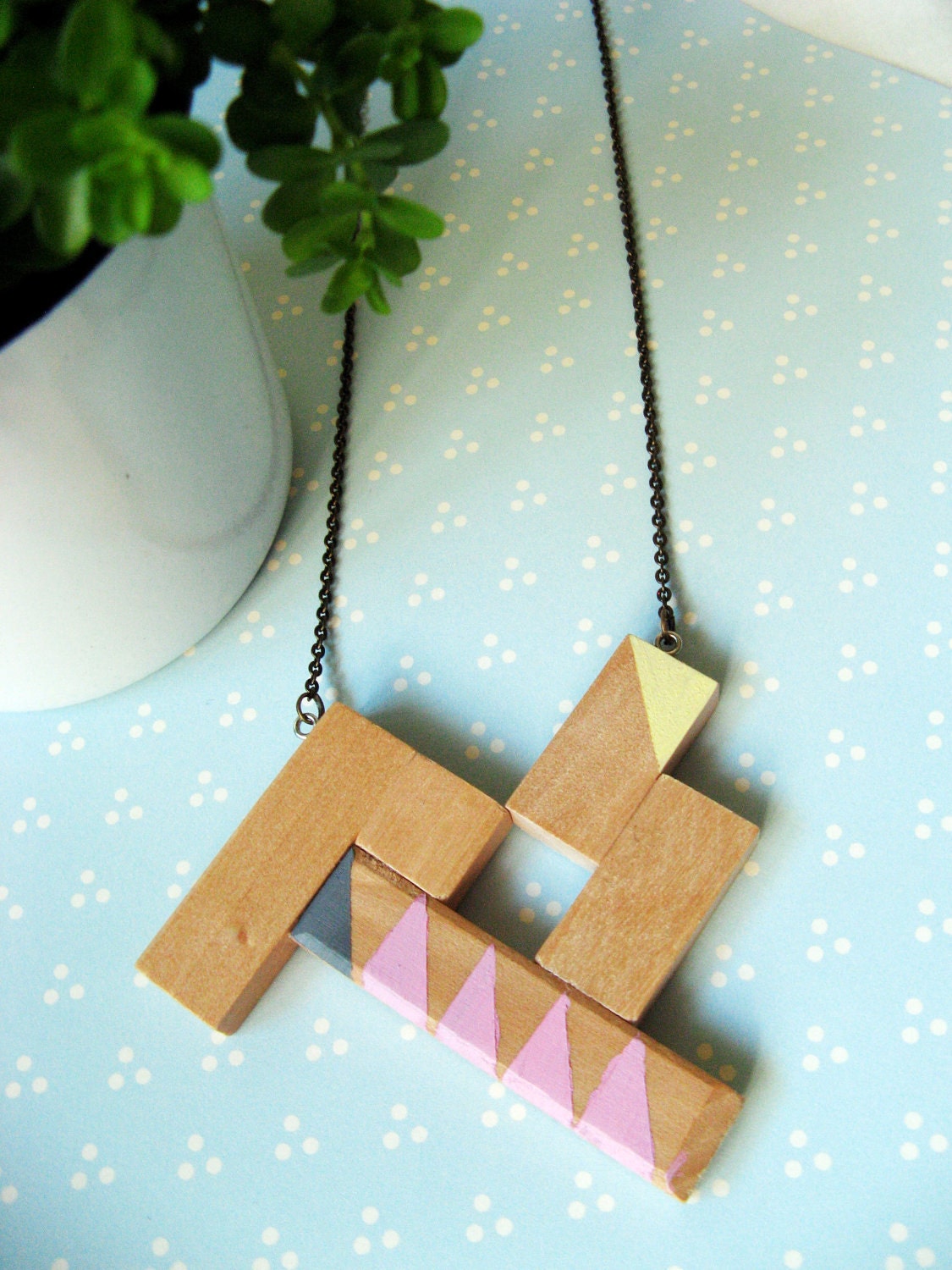 Aztec Beige Pastel Green Grey - Geometric Square and Triangle Wooden T Necklace