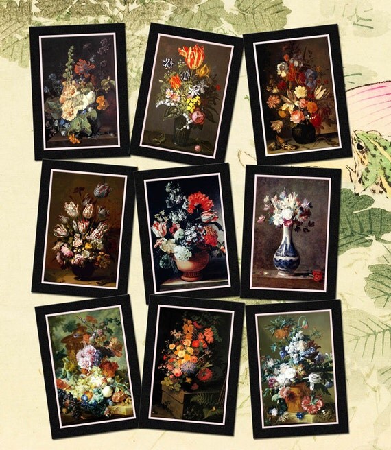 Buy gift tags and printable cards - Set of 9 Exquisite Flowers in A Vase Hang/Gift Tags Cards- Printable Collage Sheet-JPG Digital File -BuY OnE GeT OnE FREE