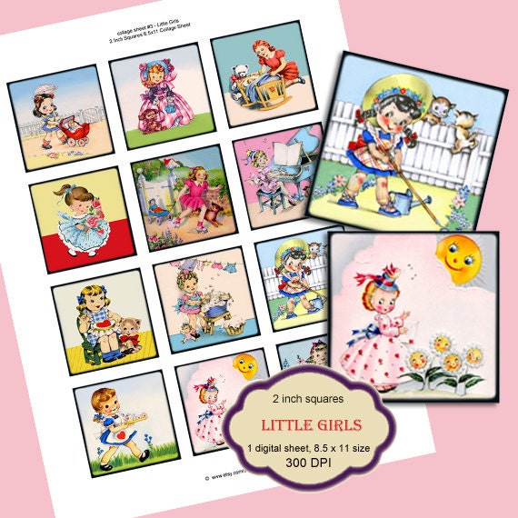 INSTANT DOWNLOAD 2 inch squares little Girls (collage sheet no.3) vintage printable digital images personal or small commercial use