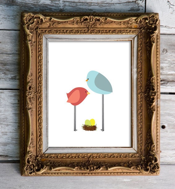 birdie parents - twins  - nursery art print