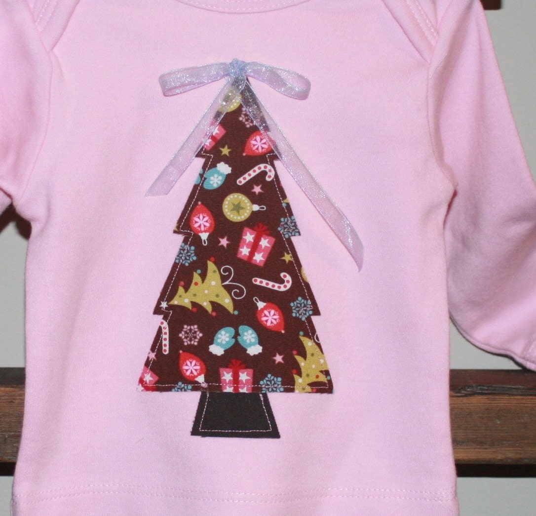 Girls Christmas Tree Shirt in Pink and Brown - Long Sleeved CUSTOM sizes 0-3 months to size 6