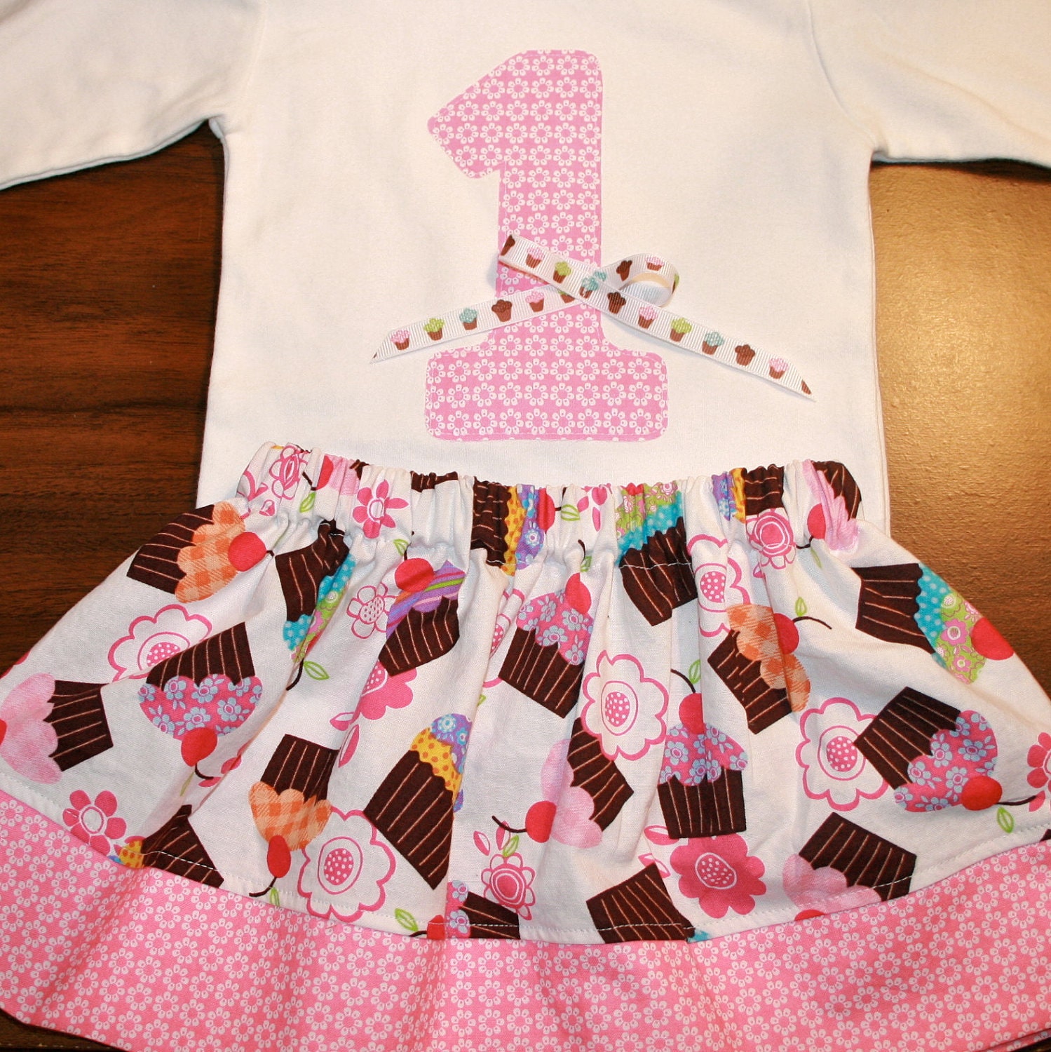 Girls First Birthday Cupcake Set - 18 month number 1 SHORT sleeved shirt and cupcake skirt