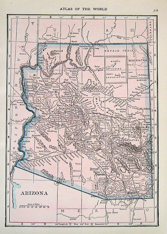 Old Map Arizona, Arkansas Small 2 Sided Print, 1920's from World Map Atlas 1926