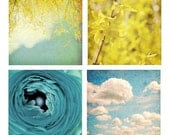 Shabby Chic Wall Decor, Nature Pictures, Still Life Photos, Flowers, Clouds, Teal, Yellow, Blue-Set of Four 5x5 inch Prints-A Fine Day