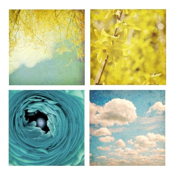 Nature Photographs, Still Life, Landscape Photos, Shabby Chic Home Decor, Blue, Yellow, White, Set of Four 8x8 inch Prints -A Beautiful Day