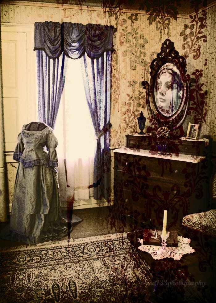 Gothic Art, Halloween Decoration, Surreal Photograph, Yellow, Blue, Mirror, Ghostly, Grey, Picture - 5x7 inch Print - In The Shadows
