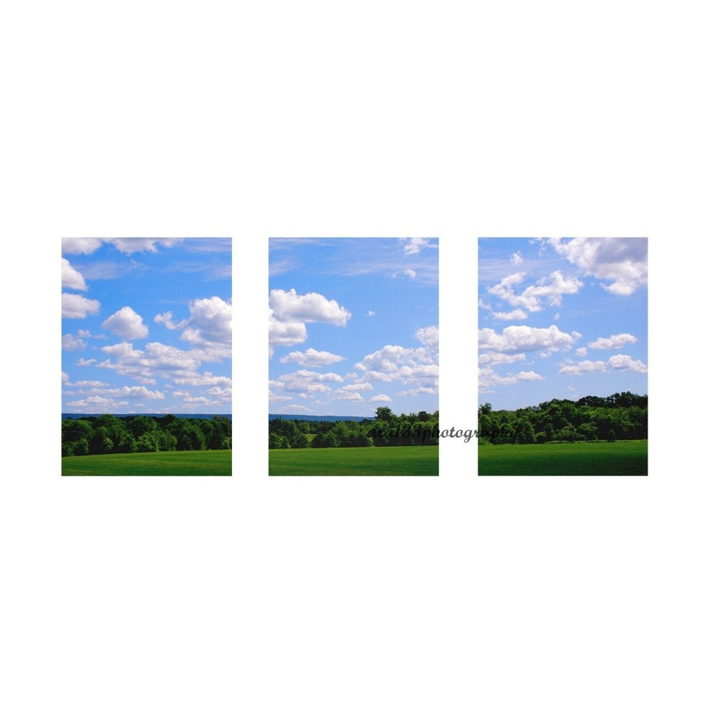 Landscape Photography, Nature Pictures, Blue Sky, White Clouds,  Sunny Summer Photos -Three 5x7 inch Photographs - Triptych - Summer Breeze