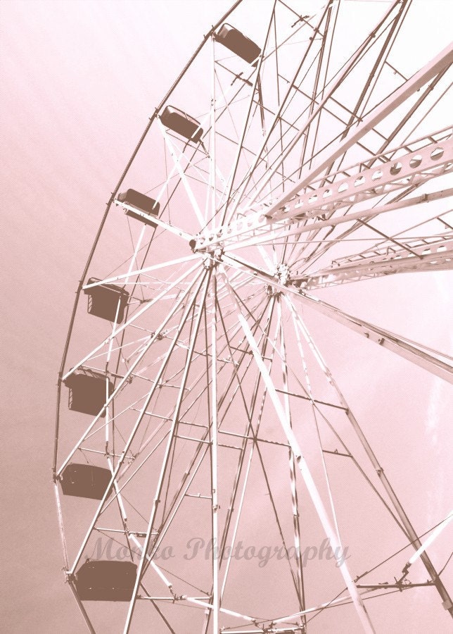 50% OFF SALE- Pink Photograph, Monochrome Photography, Ferris Wheel Photo, Grey, Whimsical, Carnival - 5x7 inch Print -Soft Skies