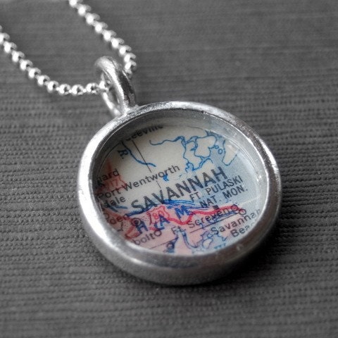 Savannah Georgia - Soldered Vintage Map Necklace