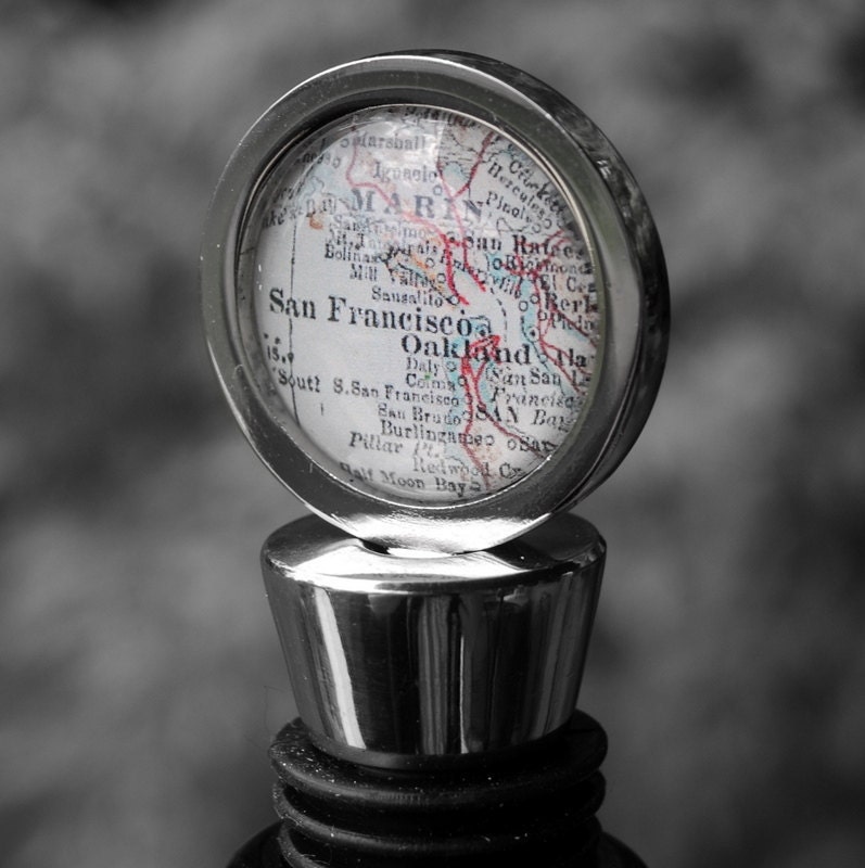 San Francisco Oakland Berkeley - Wine Bottle Stopper - Vintage Map - Perfect Wedding Favor