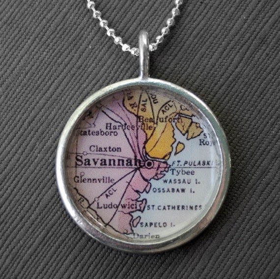 Savannah Georgia - Pendant Necklace Jewelry Vintage Map - Great Bridesmaid Gift