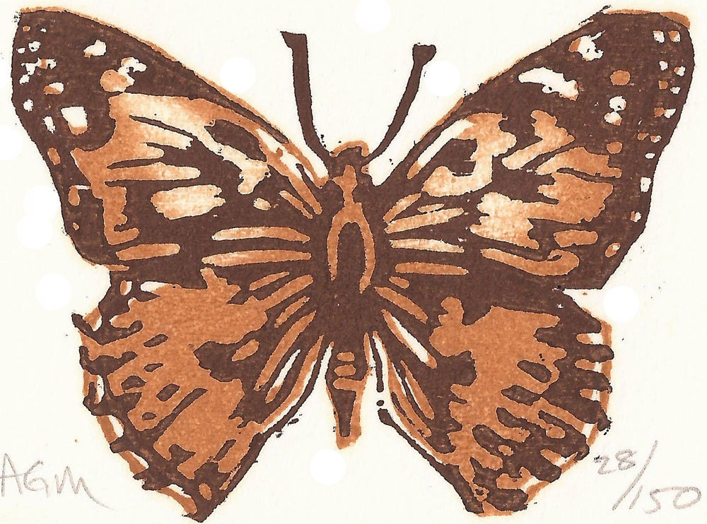 Nature Art ACEO, Painted Lady Butterfly, Brown and Orange Woodblock Print