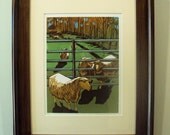 FRAMED Nature Art, Sheep and Farm, Brown, Green, Orange, Blue, Woodblock Print