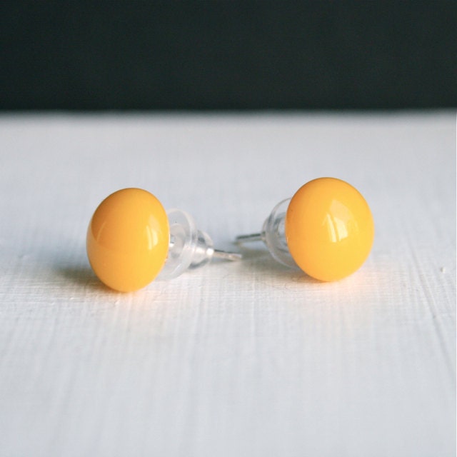Fused Glass Stud Earrings - Marigold Yellow- 10mm