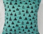 20x20 Inch Throw Pillow Decorative Cover - By the Sea - Sail Away in Turquoise and Black - Sail Boats - Accent Cushion Cover
