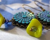 dotty blue button VINTAGE GERMAN GLASS earrings chartruese flowers colorful pretty