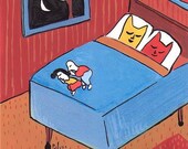 Whimsical and Funny Art Print Cats in Bed While People Sleep at Foot 16x20 - Bedroom Decor Red Blue Orange Poster