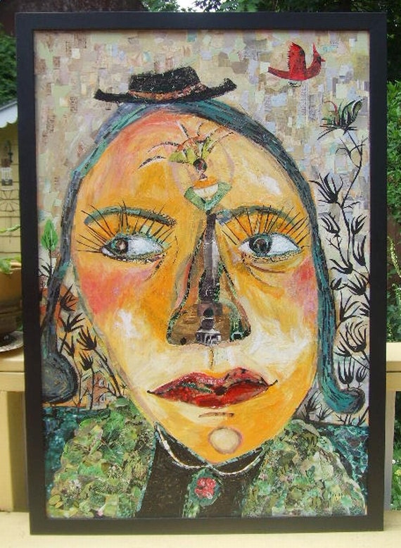 Large Collage Painting of Girl and Cardinal - Original Outsider Folk Art - Yellow, Green, Teal Blue, Red
