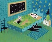 Cat and Dog ACEO Print Art Trading Card - Fun Folk Art Animal Card in Turquoise Blue