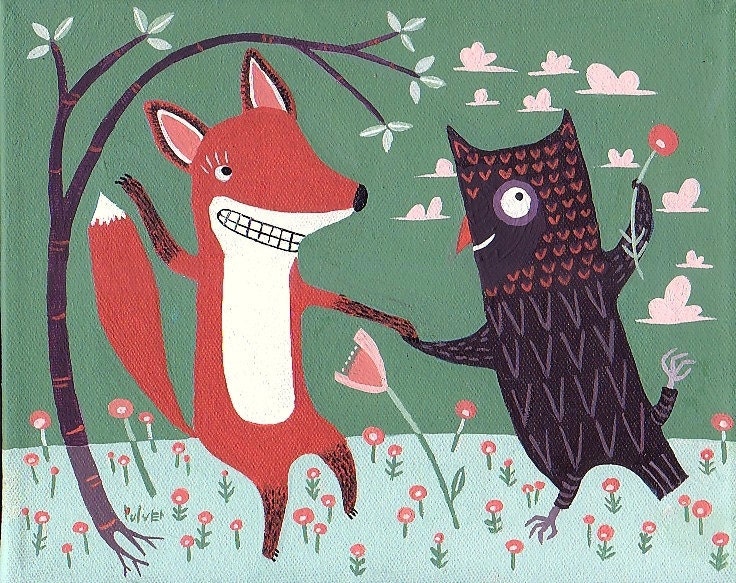 Fox and Owl Art Print 8x10 Dancing Illustration Orange Jade n Mint Green Eggplant poster folk art