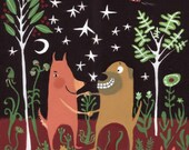 Dogs Dance Under Stars Art Print - With Cat and UFO Zooming Through Sky - Brown Black and Green, Red, Shiba Inu, Akita, Pug, Shar Pei