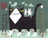 Tuxedo Cat Art Print with Crows and White Cats - Whimsical Funny Sage Mint Forest Green and Red Poppies