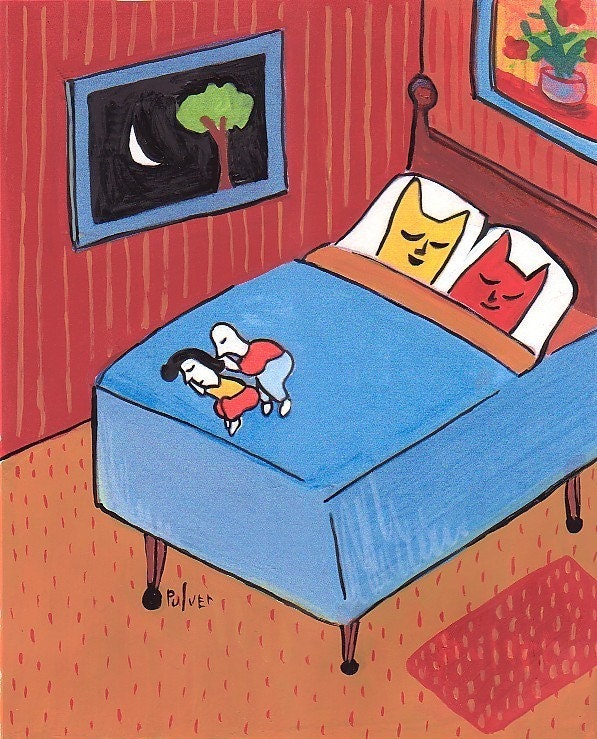 Art Print Cats in Bed While People Sleep at Foot - Funny Red, Blue, Orange Bedroom Folk Art