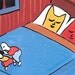 Funny Cat Card or Small Art Print . Cats Sleep in Bed, People at Foot of Bed
