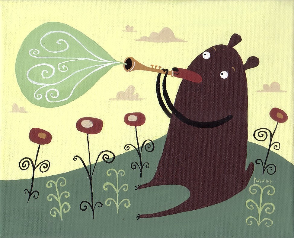 Animal Art Print - Mod Bear Plays Jazz Horn w Poppies 8x10 - Pale Yellow, Sage Green, Burgundy Brown, Kids Room Decor Nursery Music Art
