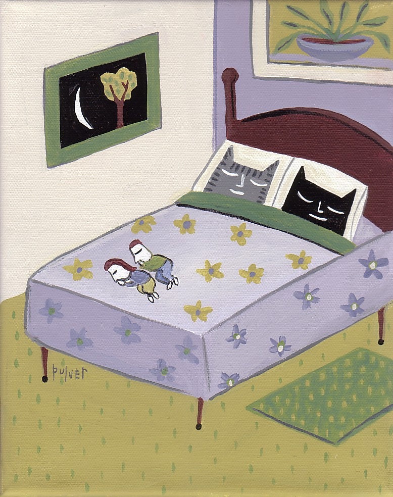 Cat ACEO Art Print Cats In Bed People At FOOT Folk Art Animal Card