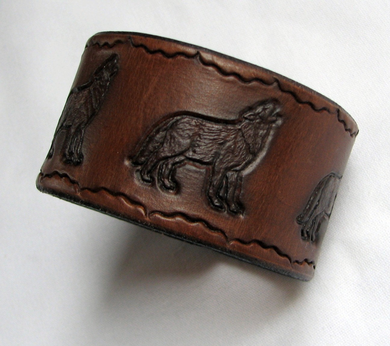 Wolf Trio - Wide Leather Cuff / Wristband for Men or Women - in Brown or Black