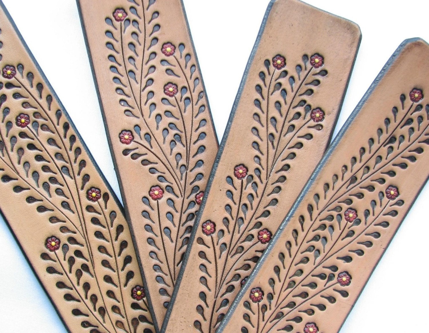 Little Red Flowers on a Wide Leather Cuff