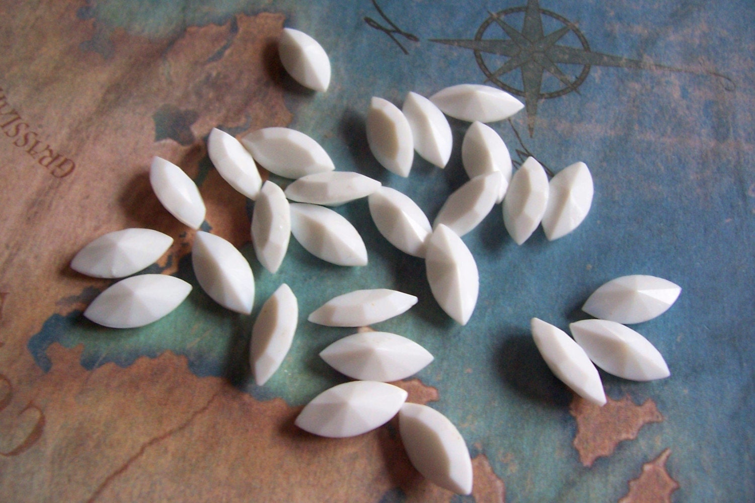 6 PC Vintage Chalk White Navette Czech Glass Stone \/ Tin Table cut 15 x 7 - ZNE M0302