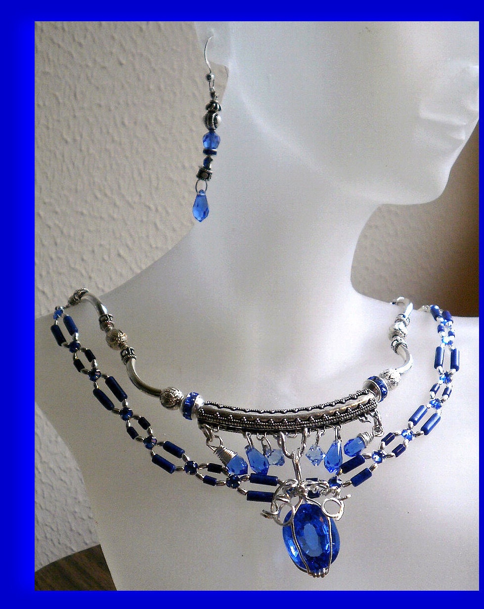 Wire Wrapped Blue Quartz gemstone, lapis, silver and sapphire colored swarovski crystal beaded  Necklace and earrings