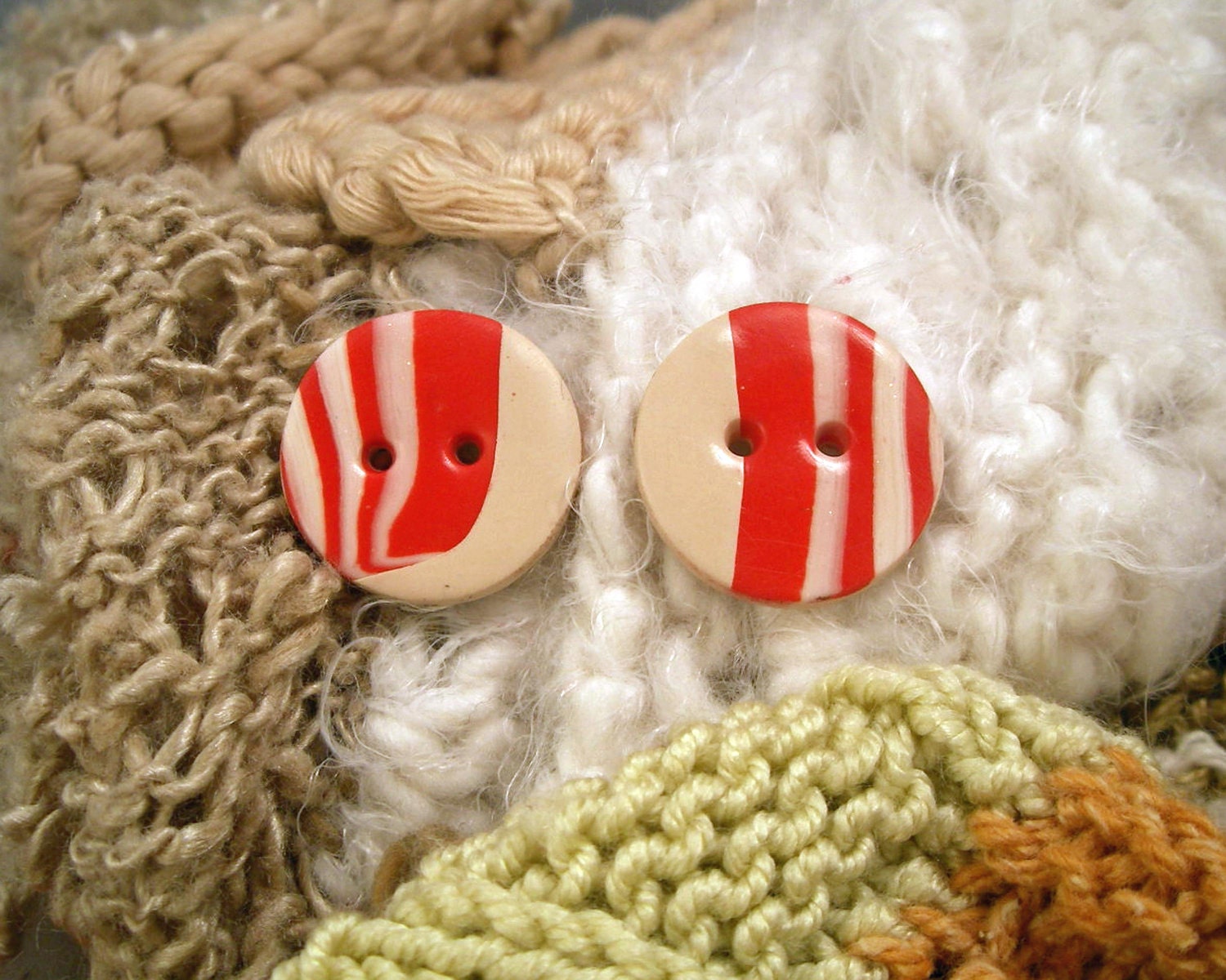 Handmade Ivory and Red White Stripe Round Buttons or OOAK Set of 2