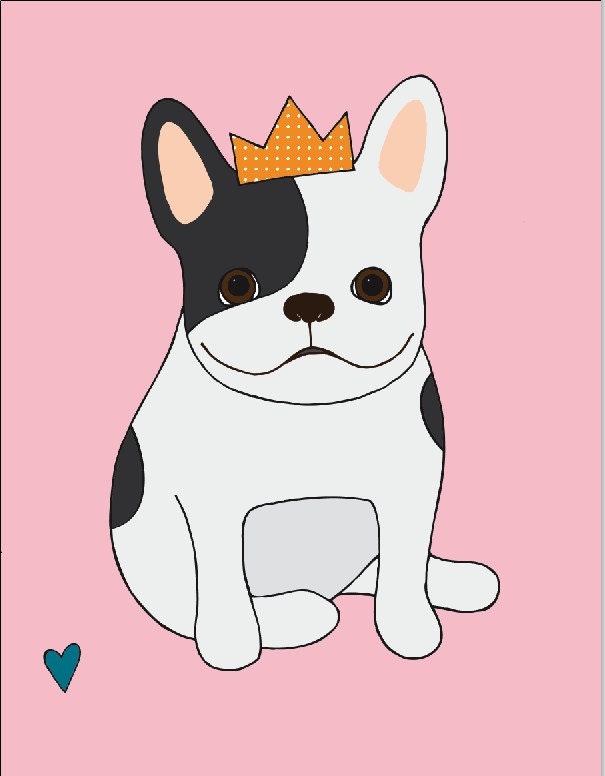 pied french bulldog with crown art print // pink & orange