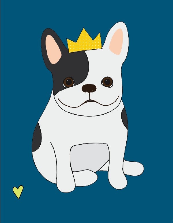 pied french bulldog with crown art print // teal & yellow