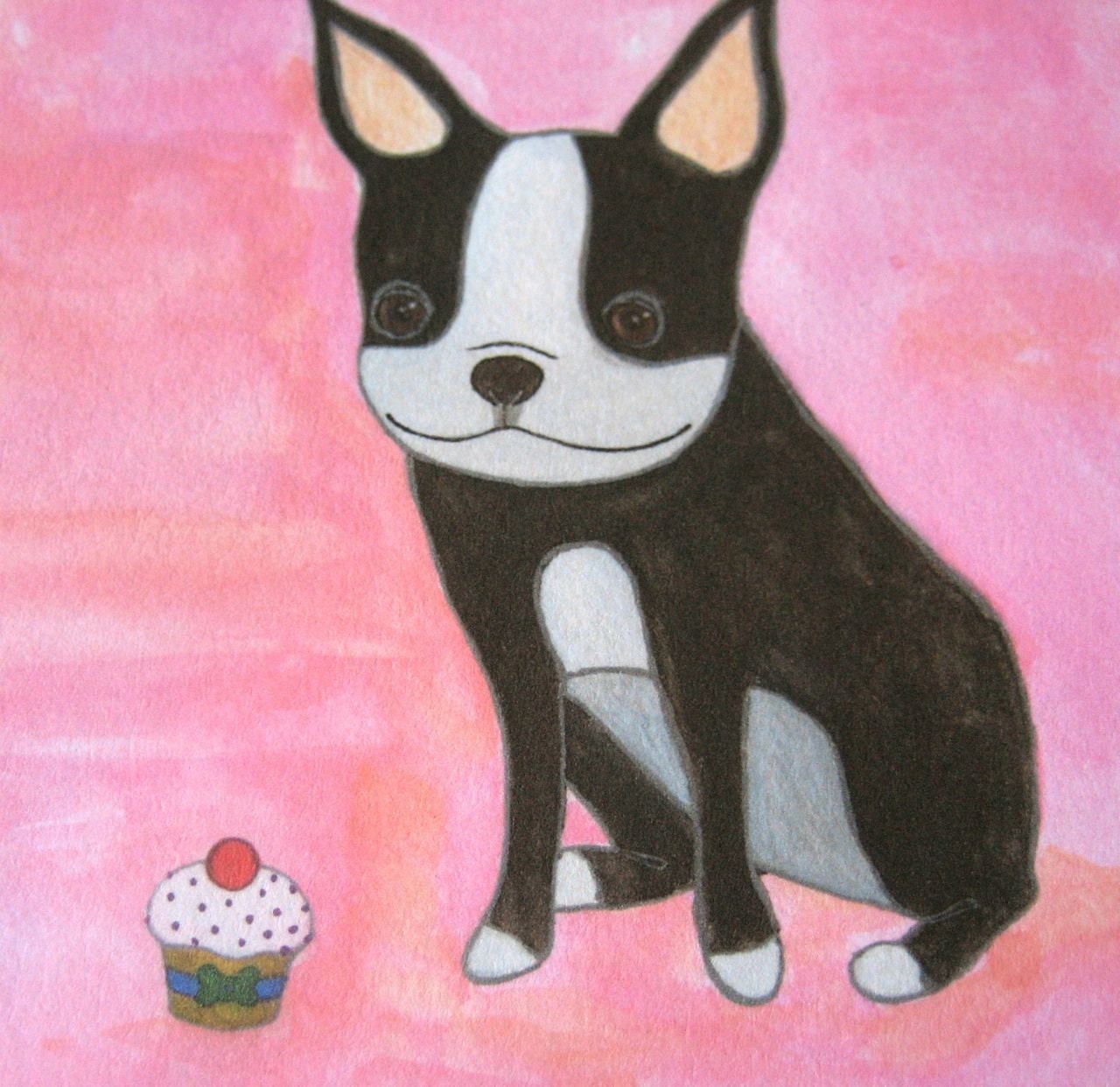 parker's cupcake- 4 x 6 boston terrier with cupcake flat greeting cards set of 5