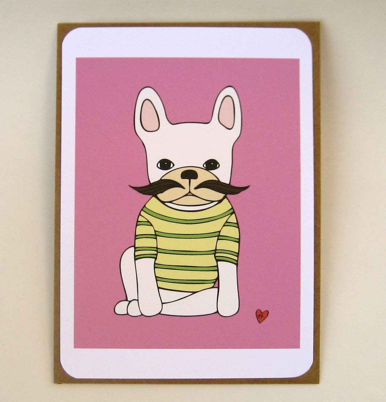 french bulldog with mustache flat note card // yellow & green stripe