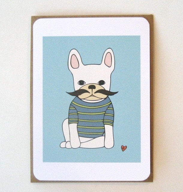 henri incognito - blue - set of 10 french bulldog with mustache flat cards blank for your greeting
