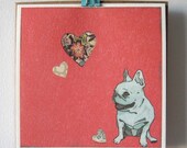 french bulldog with hearts set of 5 note cards // red & aqua
