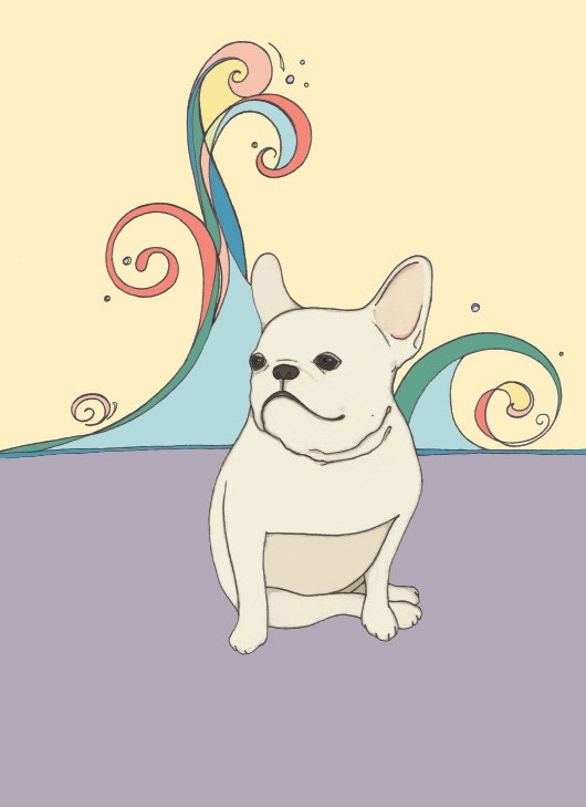 french bulldog with swirls art print // multi & purple