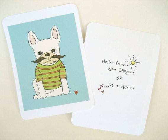 french bulldog with glasses note cards set of 5 // sunny yellow