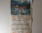 Vintage calendar towel, kitchen towel, dish cloth  in linen 1973 featuring the skating pond