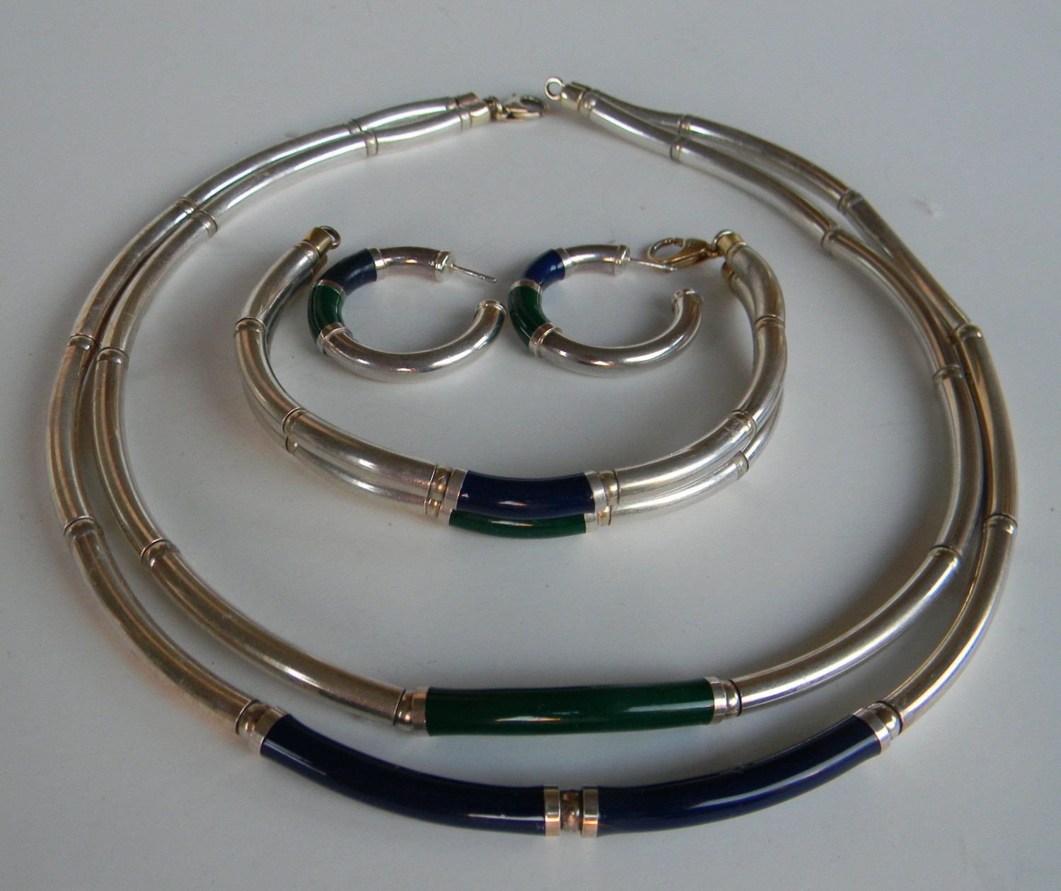Vintage  necklace, earrings and bracelet - Italian silver  -tubular
